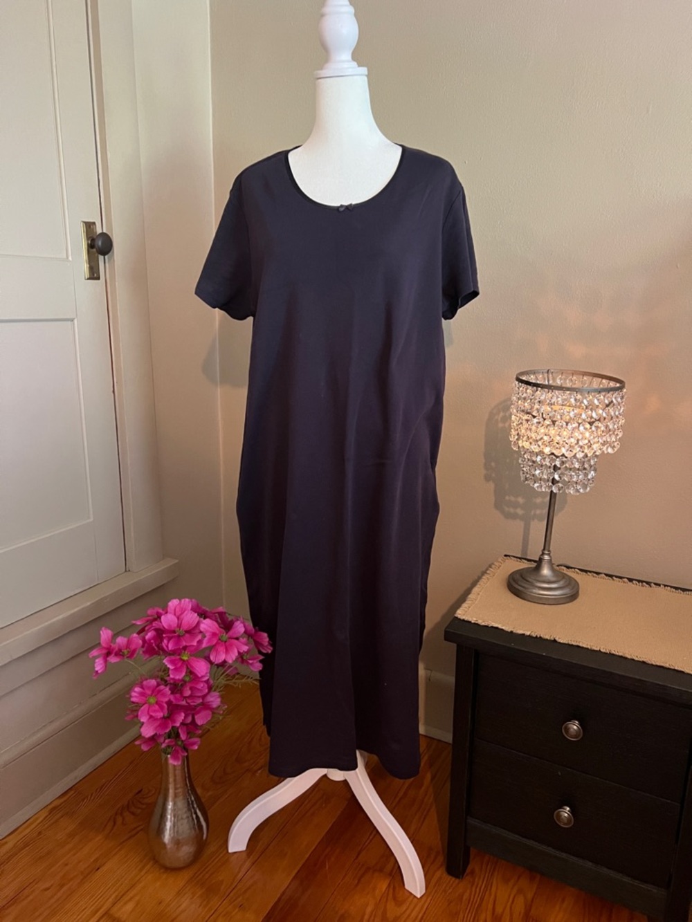 Lands' End Navy Short-Sleeve Maxi Nightgown Large 100% Cotton